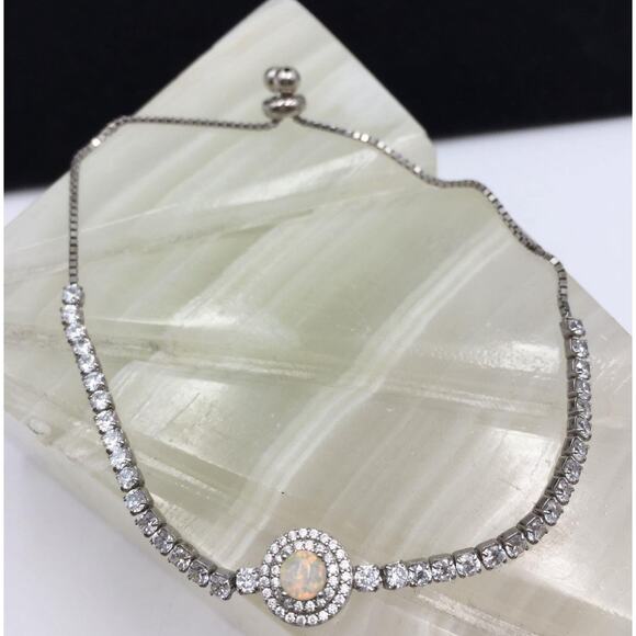 925 Sterling Silver Bracelet with Cubic Zirconia & Opal Elegant - Picture 2 of 6